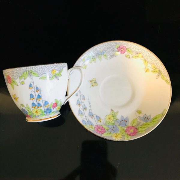 Rosina tea cup and saucer England Fine bone china Blue Bells Yellow Pink gold trim farmhouse collectible display