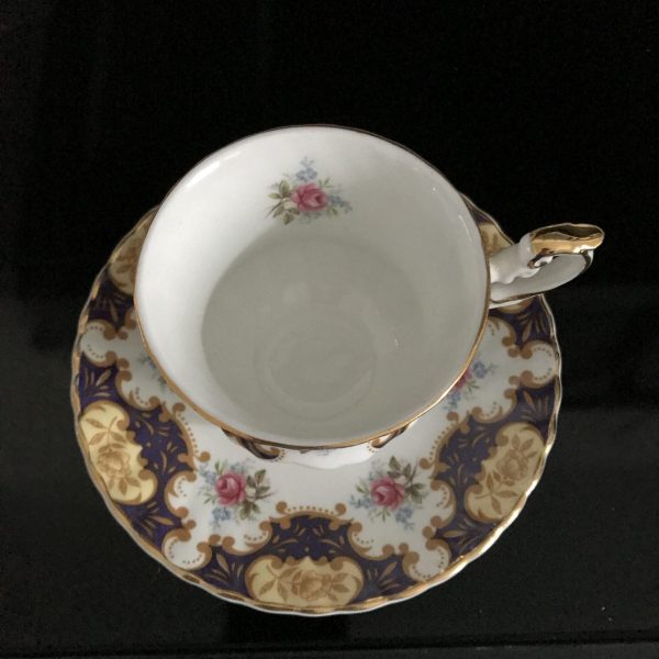 Rosina Tea Cup and Saucer Fine bone china England blue with scrolls pink roses Collectible Display Farmhouse Cottage Coffee serving