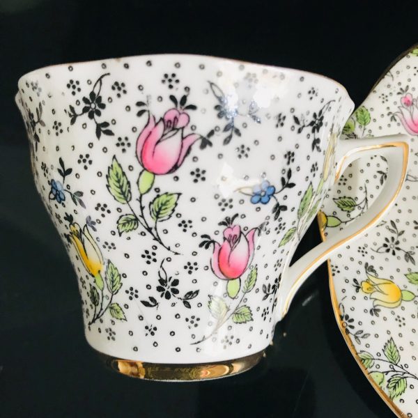 Rosina Tea Cup and Saucer Fine bone china England Chintz Flowers black with pink yellow blue green Collectible Display Farmhouse bridal