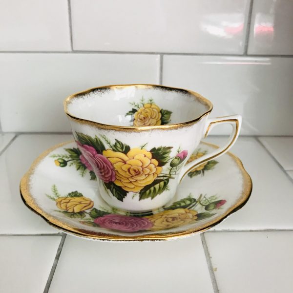 Rosina Tea Cup and Saucer Fine bone china England Large Pink & Yellow Floral Heavy Gold trim Collectible Display Farmhouse Cottage Coffee