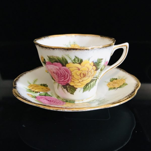 Rosina Tea Cup and Saucer Fine bone china England Large Pink & Yellow Floral Heavy Gold trim Collectible Display Farmhouse Cottage Coffee