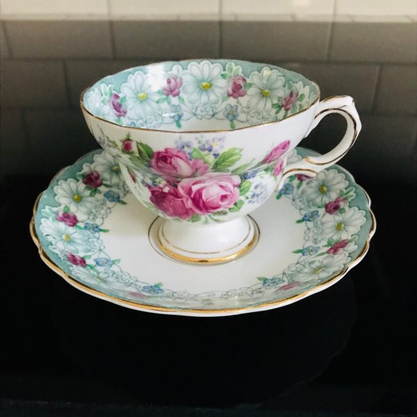 Rosina Tea Cup and Saucer Fine bone china England Roses and Daisy pink & blue Floral Collectible Display Farmhouse Cottage Coffee