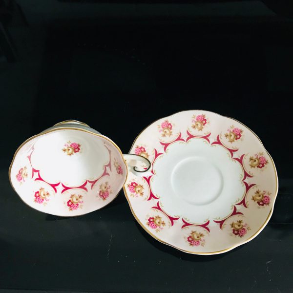 Rosina Tea Cup and Saucer TRIO Fine bone china England Pink & Burgundy dainty flowers Collectible Display Farmhouse Cottage Coffee