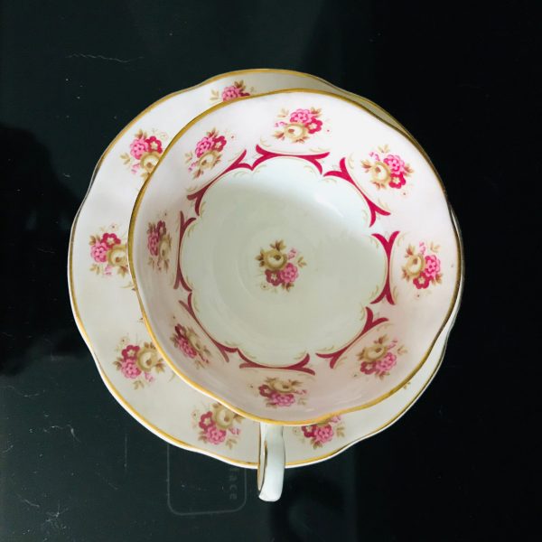 Rosina Tea Cup and Saucer TRIO Fine bone china England Pink & Burgundy dainty flowers Collectible Display Farmhouse Cottage Coffee