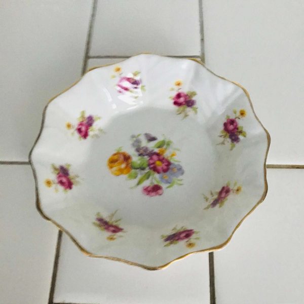 Roslyn Bowl Trinket Pin Nut dish fine bone china Rosemary pattern England bright cabbage rose pink and yellow lavender farmhouse cottage