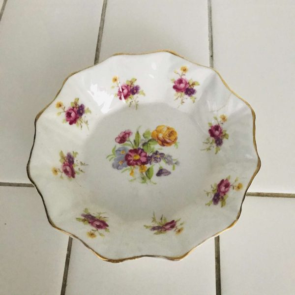 Roslyn Bowl Trinket Pin Nut dish fine bone china Rosemary pattern England bright cabbage rose pink and yellow lavender farmhouse cottage
