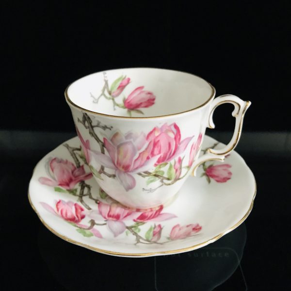 Roslyn Tea cup and saucer Fine bone china England pink Magnolias gold trim detailed handle farmhouse collectible display serving