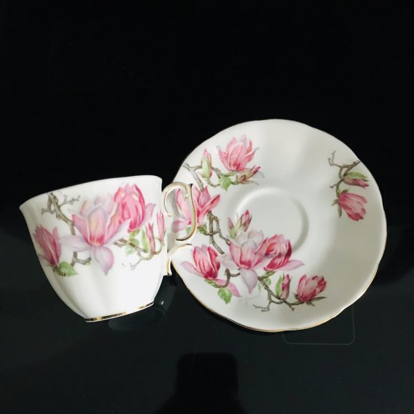 Roslyn Tea cup and saucer Fine bone china England pink Magnolias gold trim detailed handle farmhouse collectible display serving