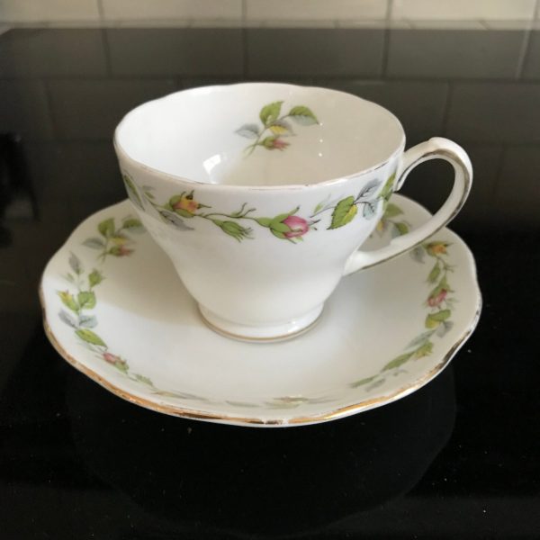 Roslyn Tea cup and saucer Fine bone china England pink & yellow rose buds green leaf gold trim farmhouse collectible display serving