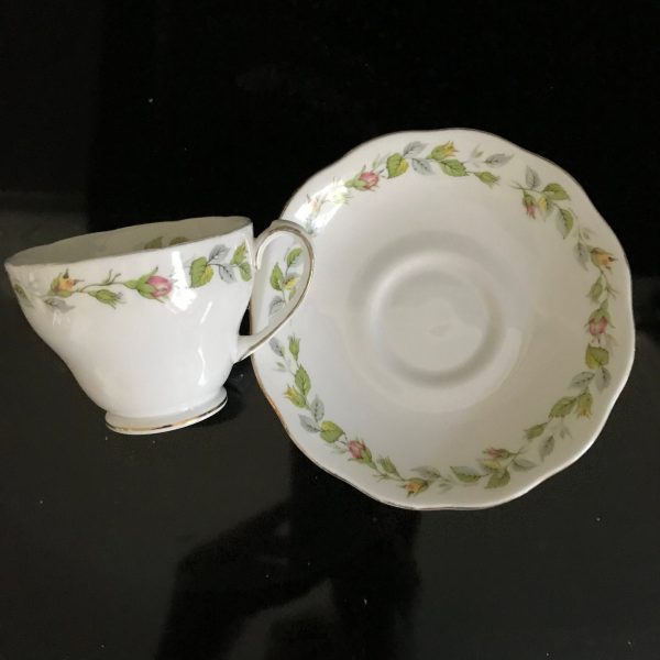 Roslyn Tea cup and saucer Fine bone china England pink & yellow rose buds green leaf gold trim farmhouse collectible display serving