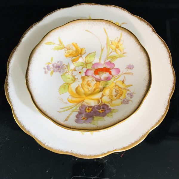 Roslyn Tea cup and saucer TRIO England Fine bone china Yellow Purple Pink Large Floral snack plate gold trim farmhouse cottage