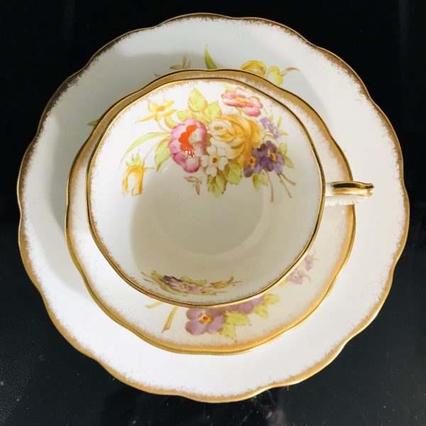 Roslyn Tea cup and saucer TRIO England Fine bone china Yellow Purple Pink Large Floral snack plate gold trim farmhouse cottage