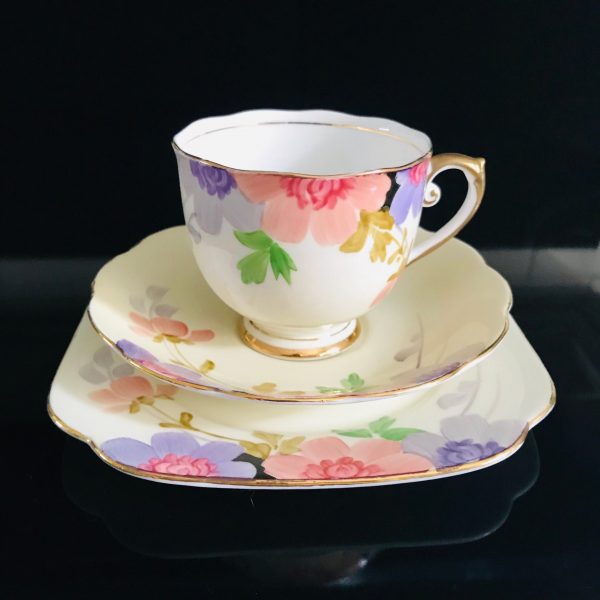 Roslyn Tea cup and saucer TRIO England hand painted Fine bone china Purple Peach Large Floral with snack plate gold trim farmhouse cottage