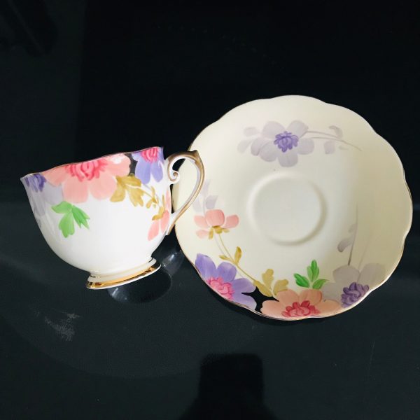 Roslyn Tea cup and saucer TRIO England hand painted Fine bone china Purple Peach Large Floral with snack plate gold trim farmhouse cottage