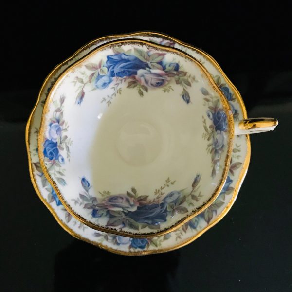 Royal Albert tea cup and saucer England Fine bone china blue and pink roses gold trim farmhouse collectible display coffee