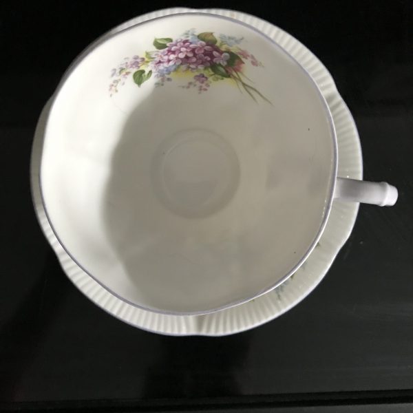 Royal Albert tea cup and saucer England Fine bone china dainty Purple Lilacs Lavender handle farmhouse collectible display coffee serving