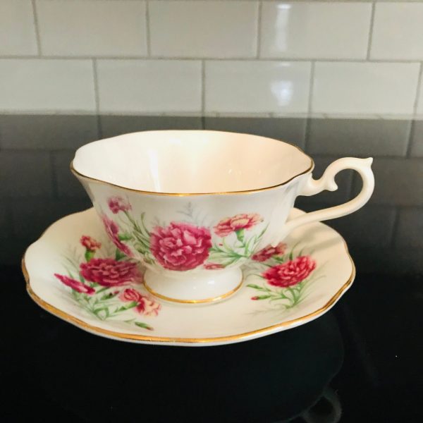 Royal Albert tea cup and saucer England Fine bone china Dark & Light Pink Carnations farmhouse collectible display coffee serving