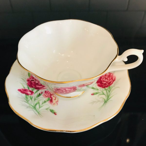 Royal Albert tea cup and saucer England Fine bone china Dark & Light Pink Carnations farmhouse collectible display coffee serving