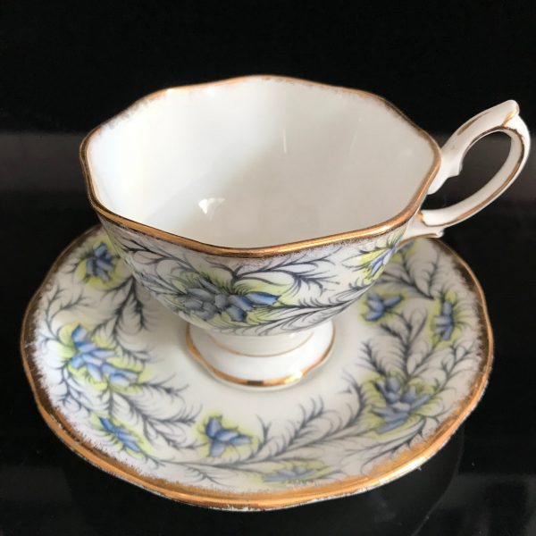 Royal Albert tea cup and saucer England Fine bone china Heather Bell Blue & Light Yellow heavy gold farmhouse collectible display coffee