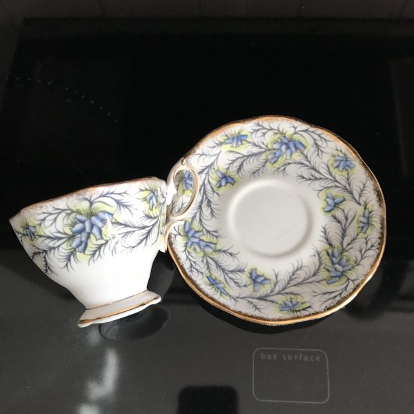 Royal Albert tea cup and saucer England Fine bone china Heather Bell Blue & Light Yellow heavy gold farmhouse collectible display coffee