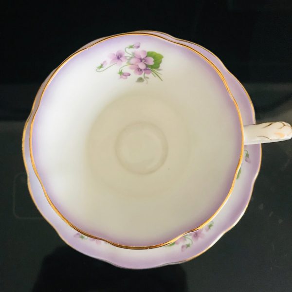 Royal Albert tea cup and saucer England Fine bone china Lavender hue with violets gold trim farmhouse collectible display coffee