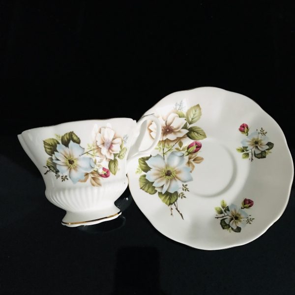Royal Albert tea cup and saucer England Fine bone china light blue & taupe flowers farmhouse collectible display coffee serving