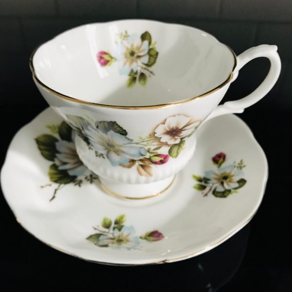 Royal Albert tea cup and saucer England Fine bone china light blue & taupe flowers farmhouse collectible display coffee serving