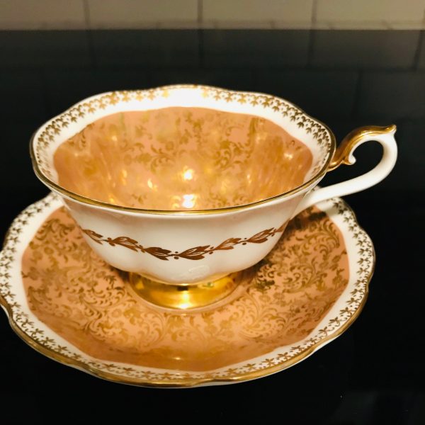 Royal Albert tea cup and saucer England Fine bone china Ornate gold on light chocolate brown & white farmhouse collectible display