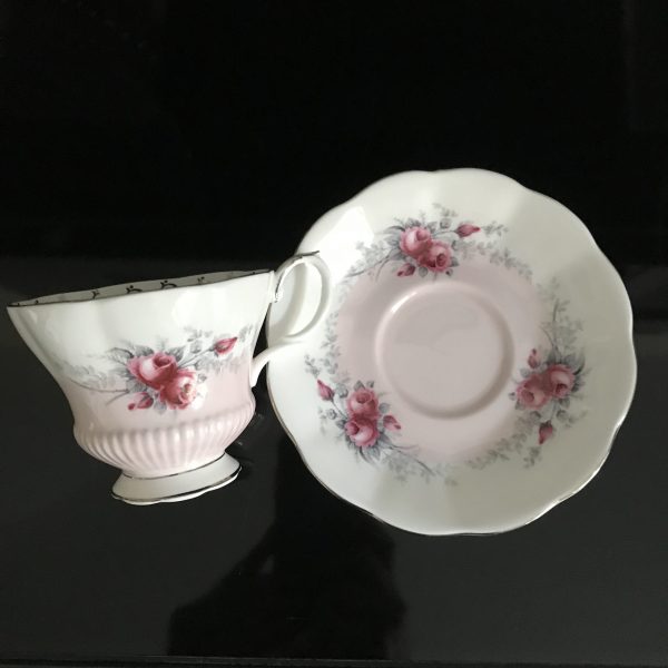 Royal Albert  tea cup and saucer England Fine bone china Pink Roses on pink silver trim farmhouse collectible display coffee dining