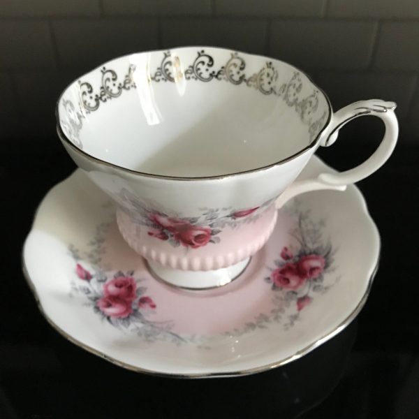 Royal Albert  tea cup and saucer England Fine bone china Pink Roses on pink silver trim farmhouse collectible display coffee dining