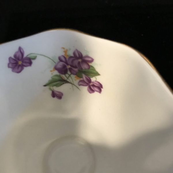 Royal Albert tea cup and saucer England Fine bone china purple Violets yellow centers flower farmhouse collectible display coffee