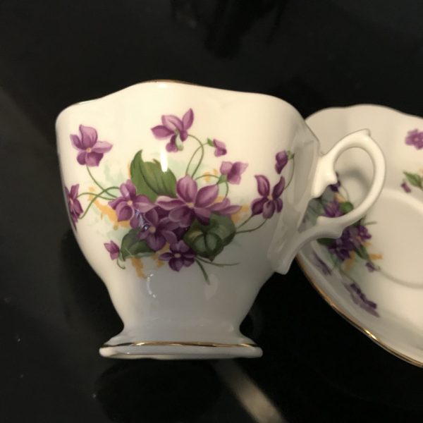 Royal Albert tea cup and saucer England Fine bone china purple Violets yellow centers flower farmhouse collectible display coffee
