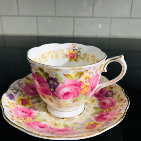 Royal Albert tea cup and saucer England Fine bone china Serena Chintz Pink roses purple flower farmhouse collectible display coffee