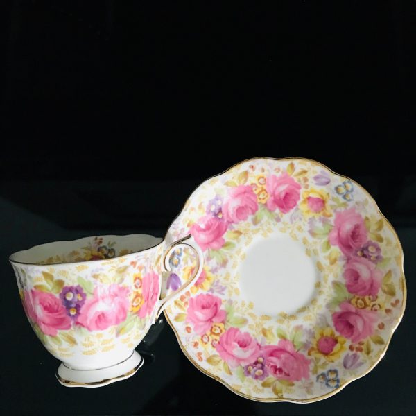 Royal Albert tea cup and saucer England Fine bone china Serena Chintz Pink roses purple flower farmhouse collectible display coffee