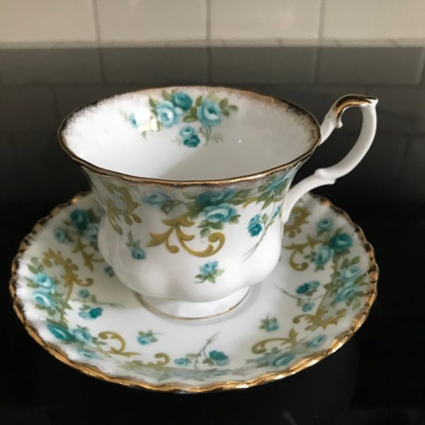 Royal Albert tea cup and saucer England Fine bone china Teal Roses gold trim farmhouse collectible display coffee serving