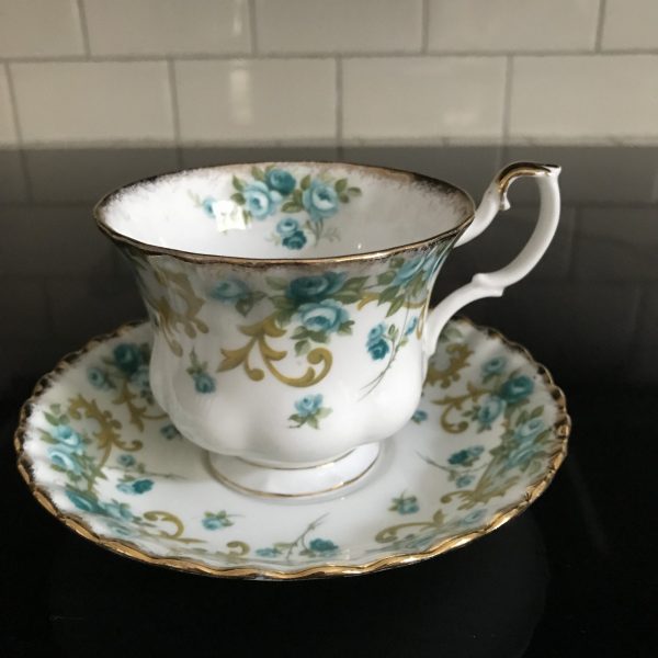 Royal Albert tea cup and saucer England Fine bone china Teal Roses gold trim farmhouse collectible display coffee serving