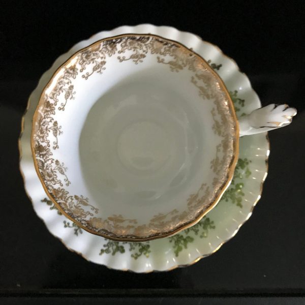 Royal Albert tea cup and saucer England Fine bone china White with Bright Green gold trim farmhouse collectible display coffee bridal