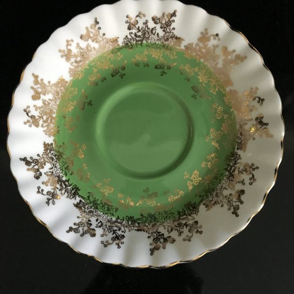 Royal Albert tea cup and saucer England Fine bone china White with Bright Green gold trim farmhouse collectible display coffee bridal