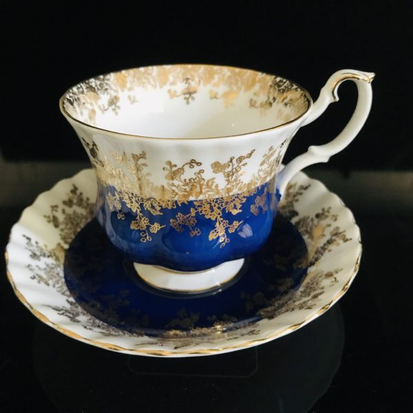 Royal Albert tea cup and saucer England Fine bone china White with Dark Royal Blue gold trim farmhouse collectible display coffee bridal