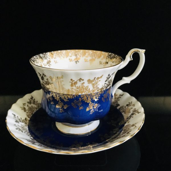 Royal Albert tea cup and saucer England Fine bone china White with Dark Royal Blue gold trim farmhouse collectible display coffee bridal
