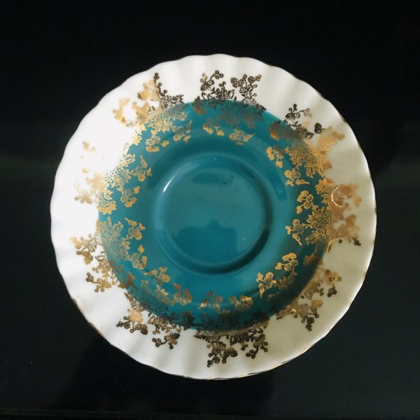 Royal Albert tea cup and saucer England Fine bone china White with Teal Blue gold trim farmhouse collectible display coffee bridal