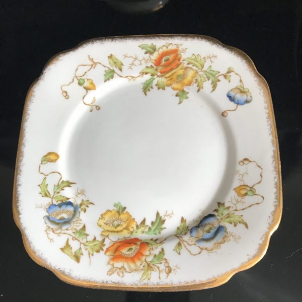 Royal Albert tea cup and saucer TRIO with snack luncheon plate Fine bone china Orange Yellow Blue flowers farmhouse collectible display