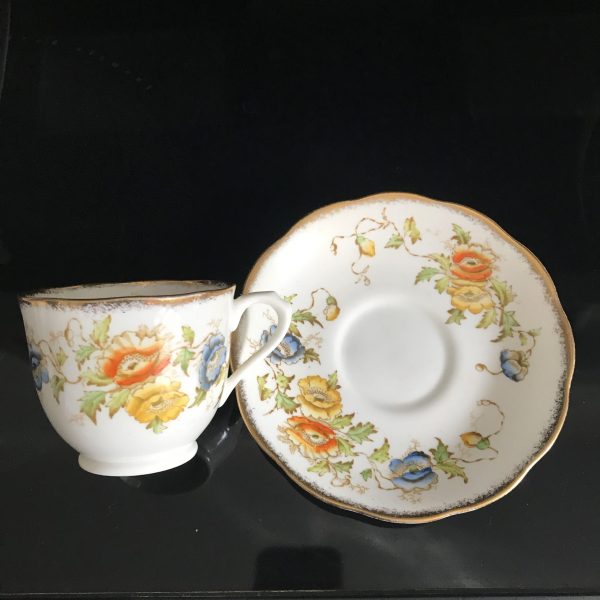 Royal Albert tea cup and saucer TRIO with snack luncheon plate Fine bone china Orange Yellow Blue flowers farmhouse collectible display