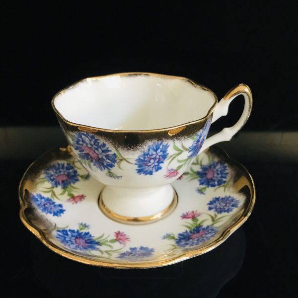 Royal Ardalt tea cup and saucer England Fine bone china blue & pink cornflowers heavy gold trim farmhouse collectible display coffee