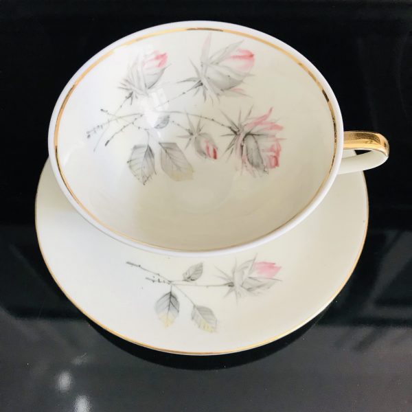 Royal Bayreuth tea cup and saucer Germany Fine bone china Ivory with Pink & gray roses gold trim farmhouse collectible display coffee sleek