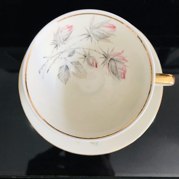 Royal Bayreuth tea cup and saucer Germany Fine bone china Ivory with Pink & gray roses gold trim farmhouse collectible display coffee sleek