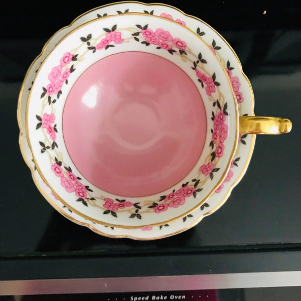 Royal Bayreuth tea cup and saucer Germany Fine bone china Pink with Pink Flowers on white rim gold trim farmhouse collectible display coffee