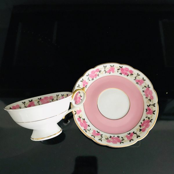 Royal Bayreuth tea cup and saucer Germany Fine bone china Pink with Pink Flowers on white rim gold trim farmhouse collectible display coffee