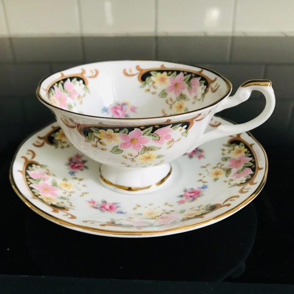 Royal Castle tea cup and saucer England Fine bone china Pink & Yellow flowers gold trim farmhouse collectible display coffee serving