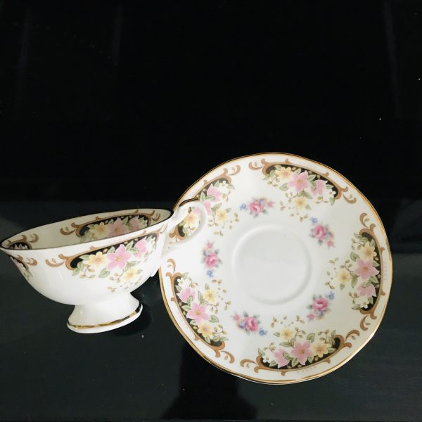 Royal Castle tea cup and saucer England Fine bone china Pink & Yellow flowers gold trim farmhouse collectible display coffee serving